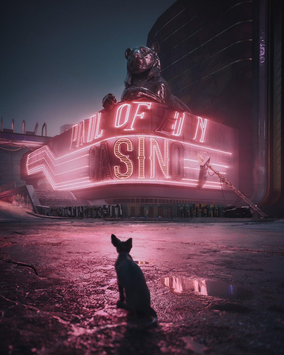 A silhouetted cat watches the neon glow of a Fallout casino sign — the kind of unexpected composition that defines Michi's work.