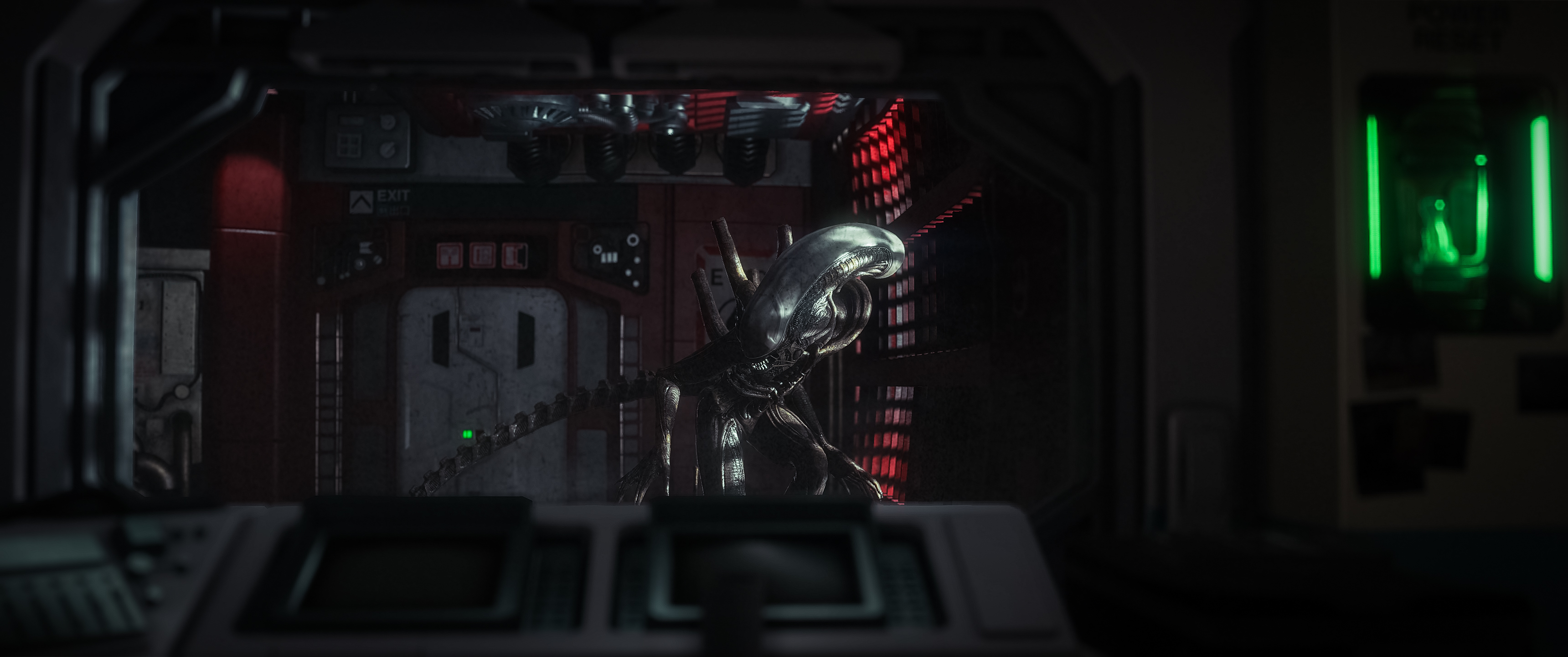 Shot through a doorway with the red slats of the far wall left burning behind the xenomorph, and the green emergency panel holding the right edge of the frame.