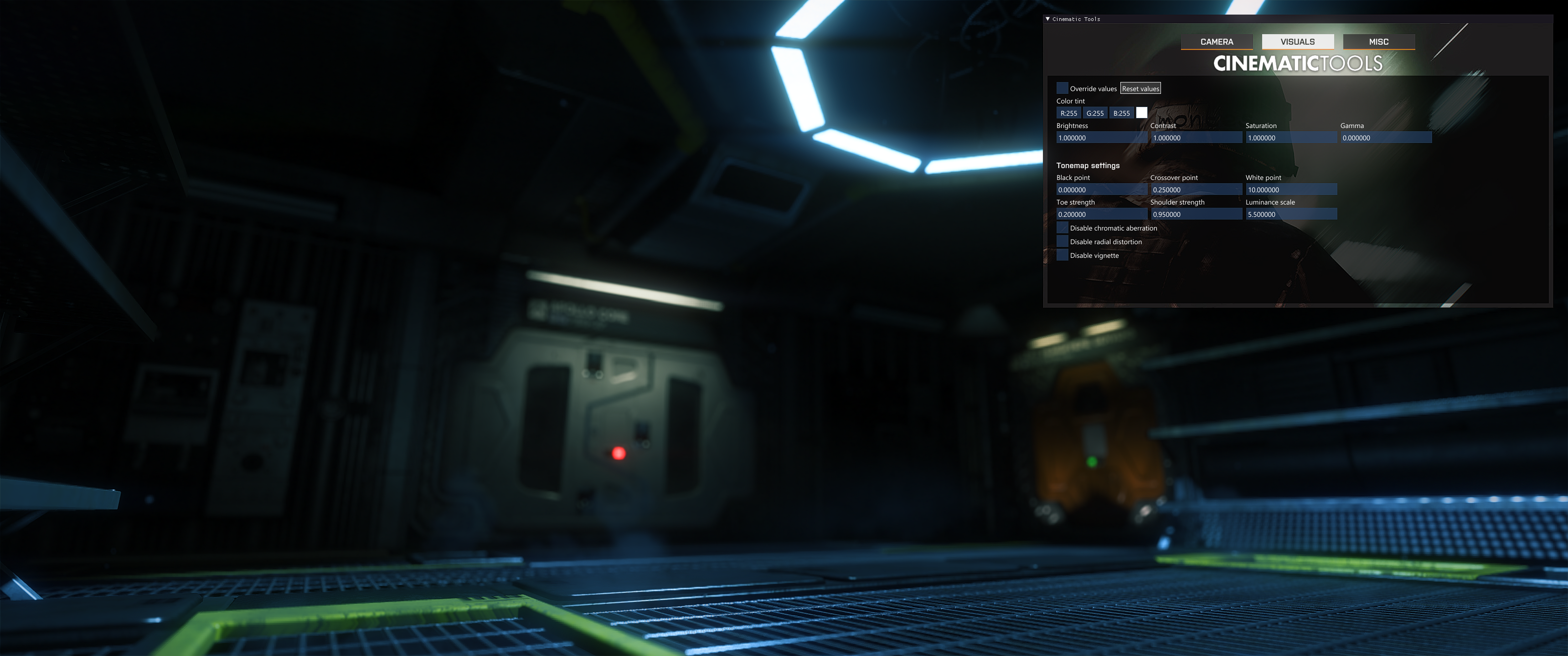 The Visuals tab. Colour and tonemap controls above, and the three switches that matter most at the bottom.