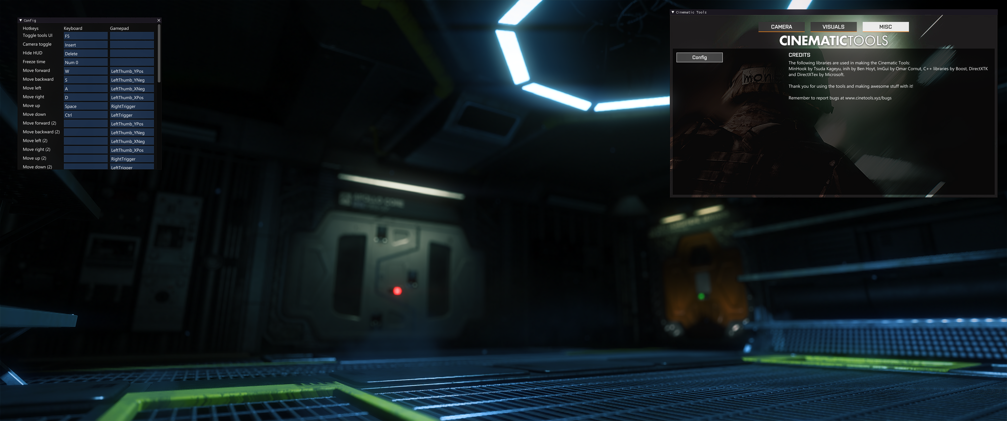 The Misc tab, with the Config window open showing the hotkey list and gamepad bindings.