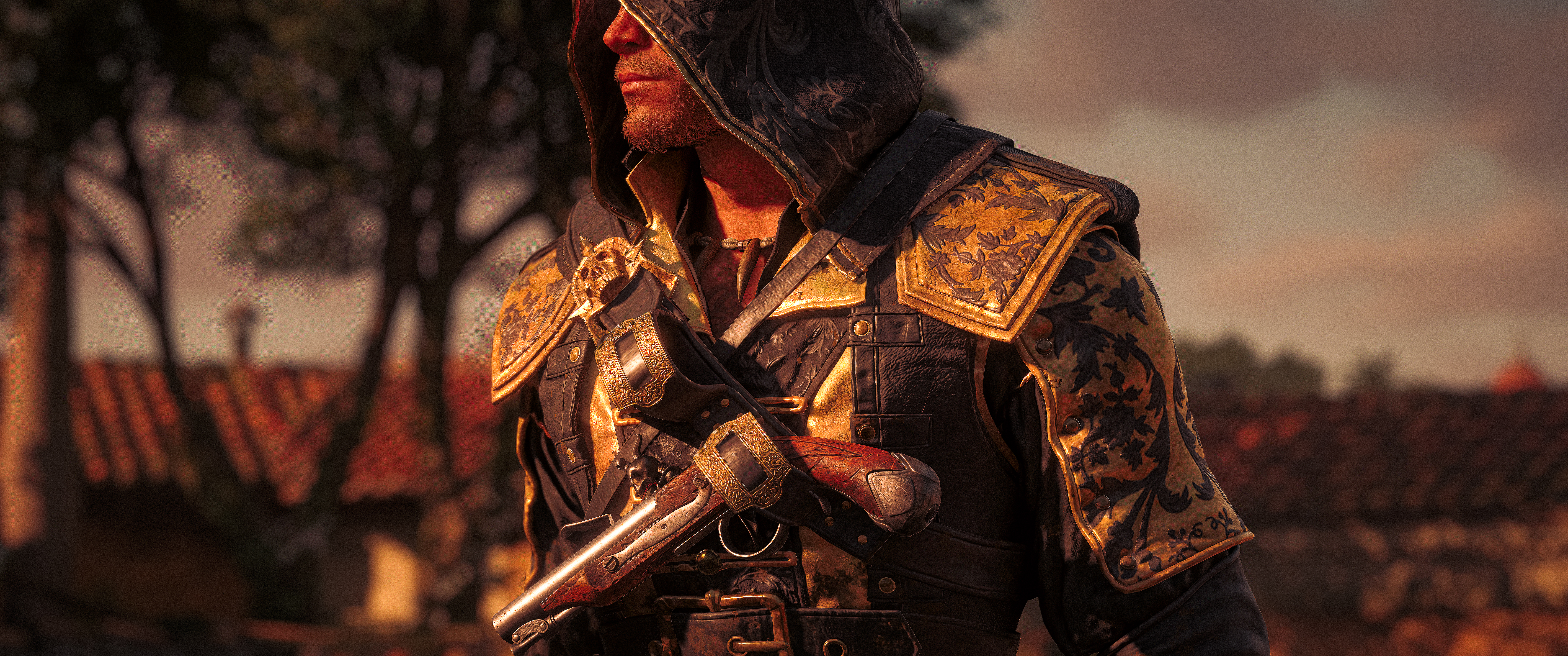 Light and detail carry a lot of these shots on their own — gold trim, worn leather, a flintlock catching the last of the sun.