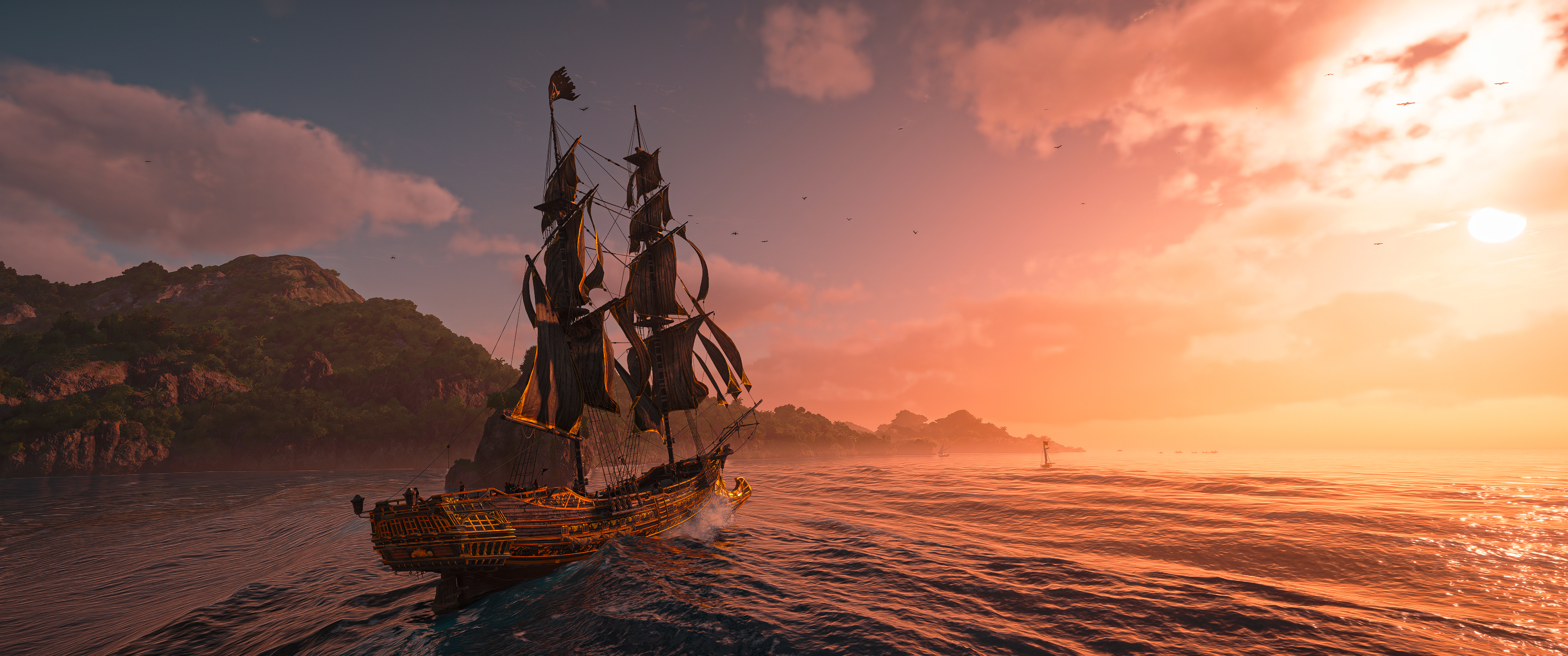 Full sail, calm water, whole ship in frame. Drop below full speed and this exact shot stops being possible.