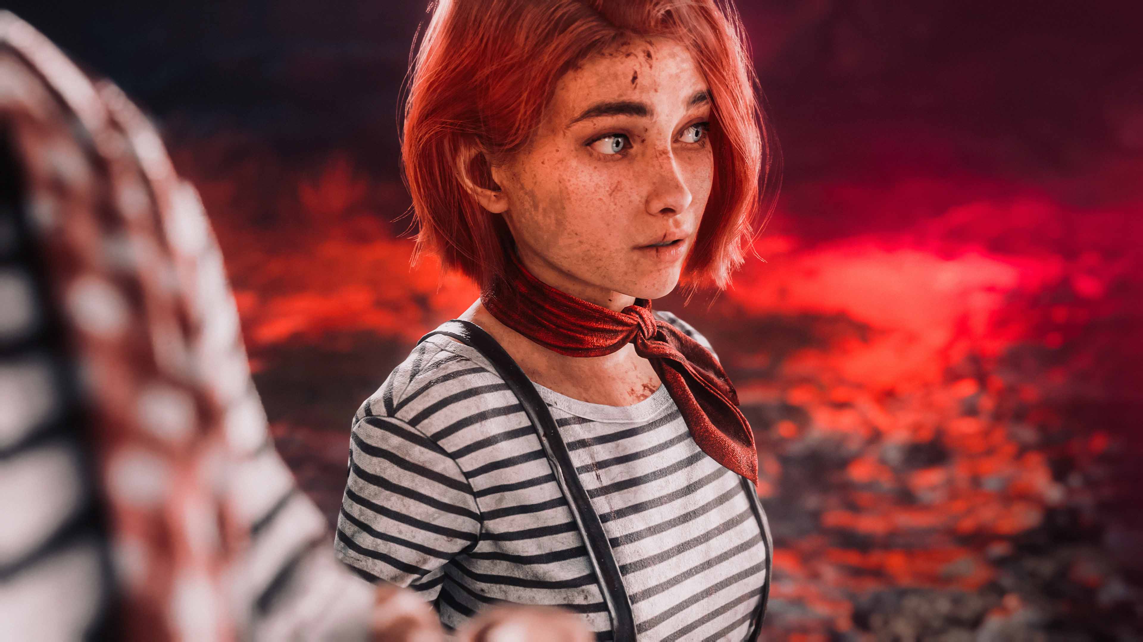 Maelle — close portrait in the ember fields. Custom red lighting, f/1.4 aperture, the kind of frame that earns its place on a wall.