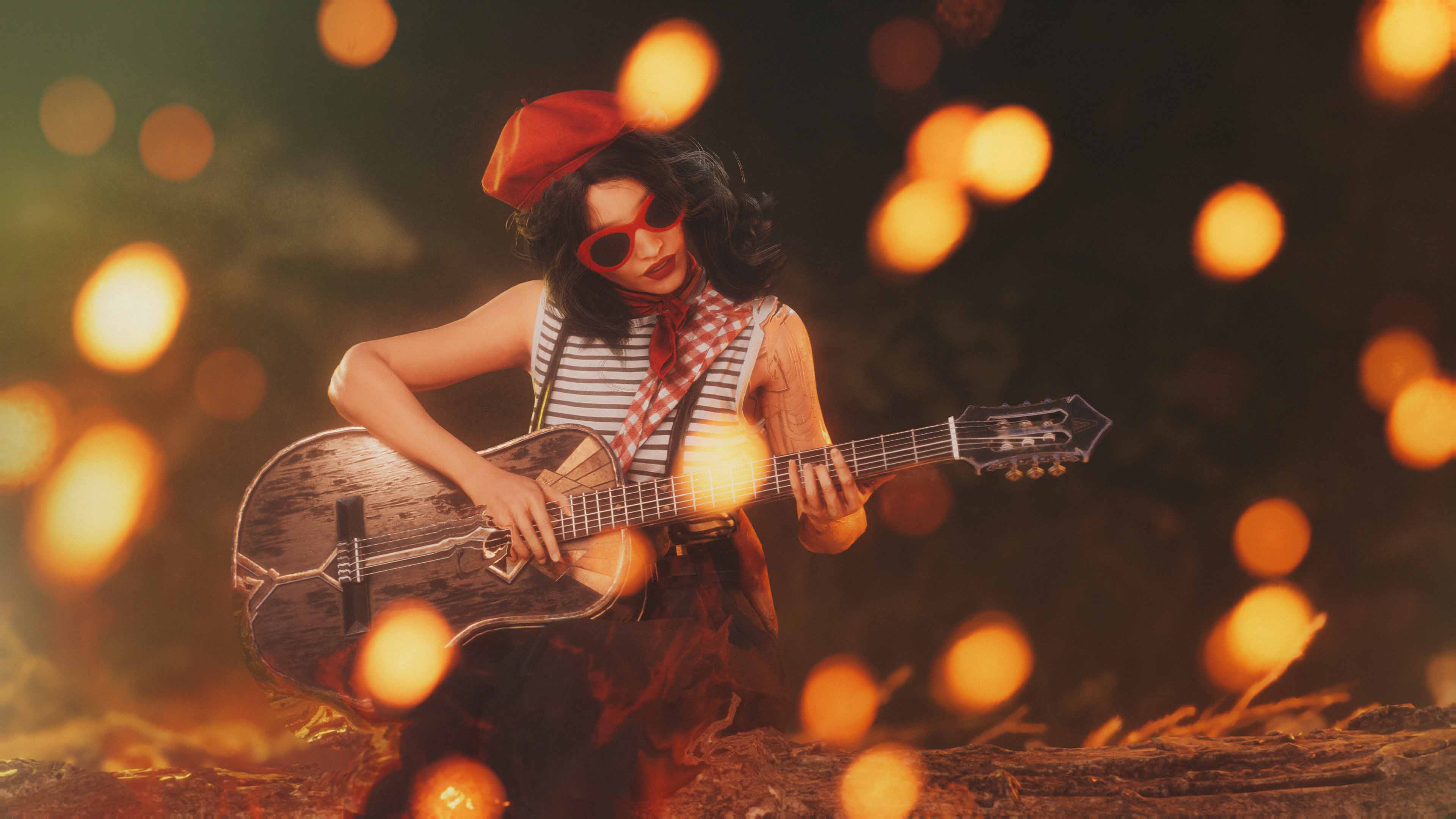 Lise — guitar, beret, and bokeh circles that catch the warm ambient glow. The Oil Painting filter doing quiet, essential work.