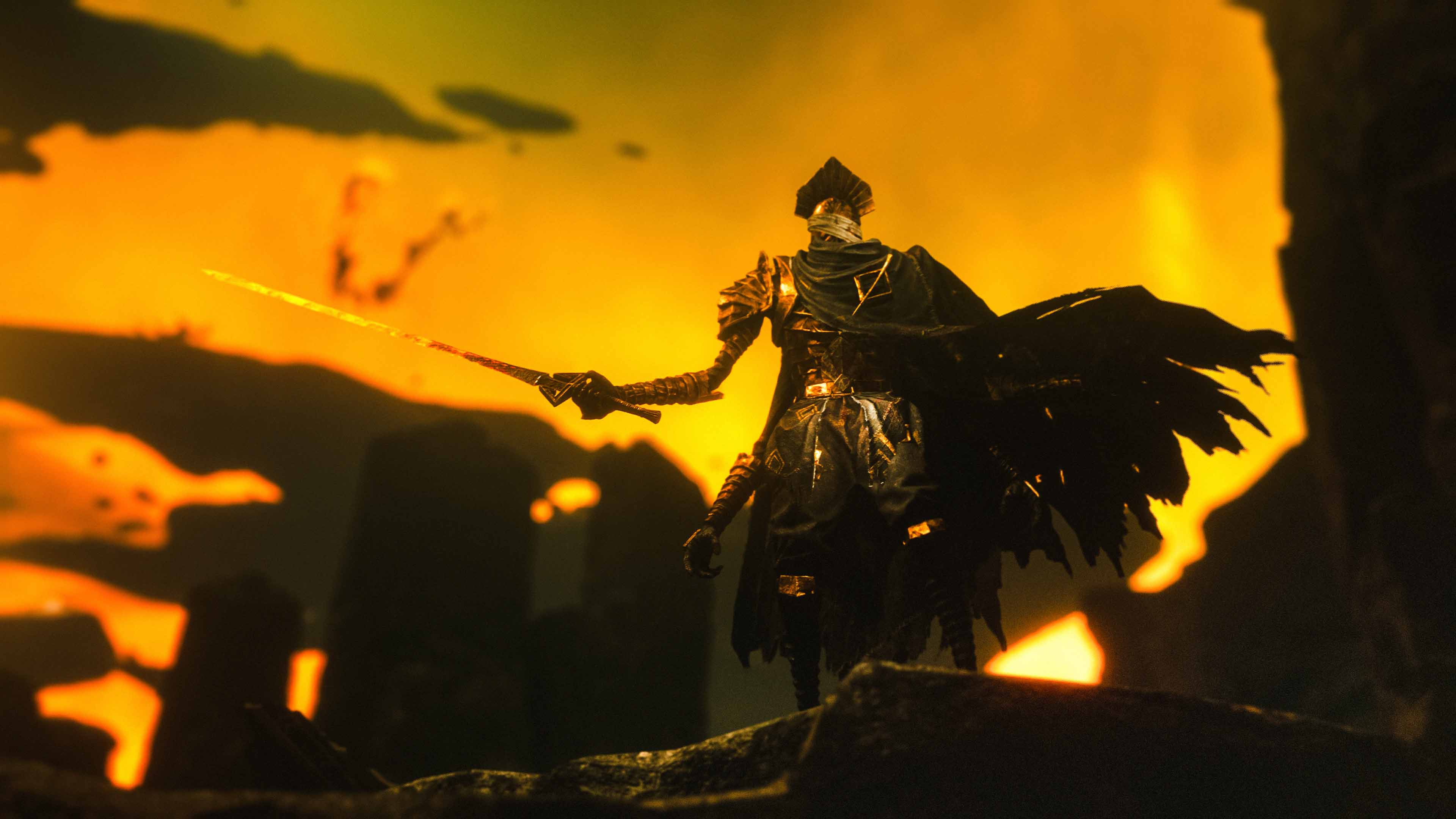 The warrior at the edge of everything — tilt shift, custom lighting, the kind of frame that comes together once in a session.