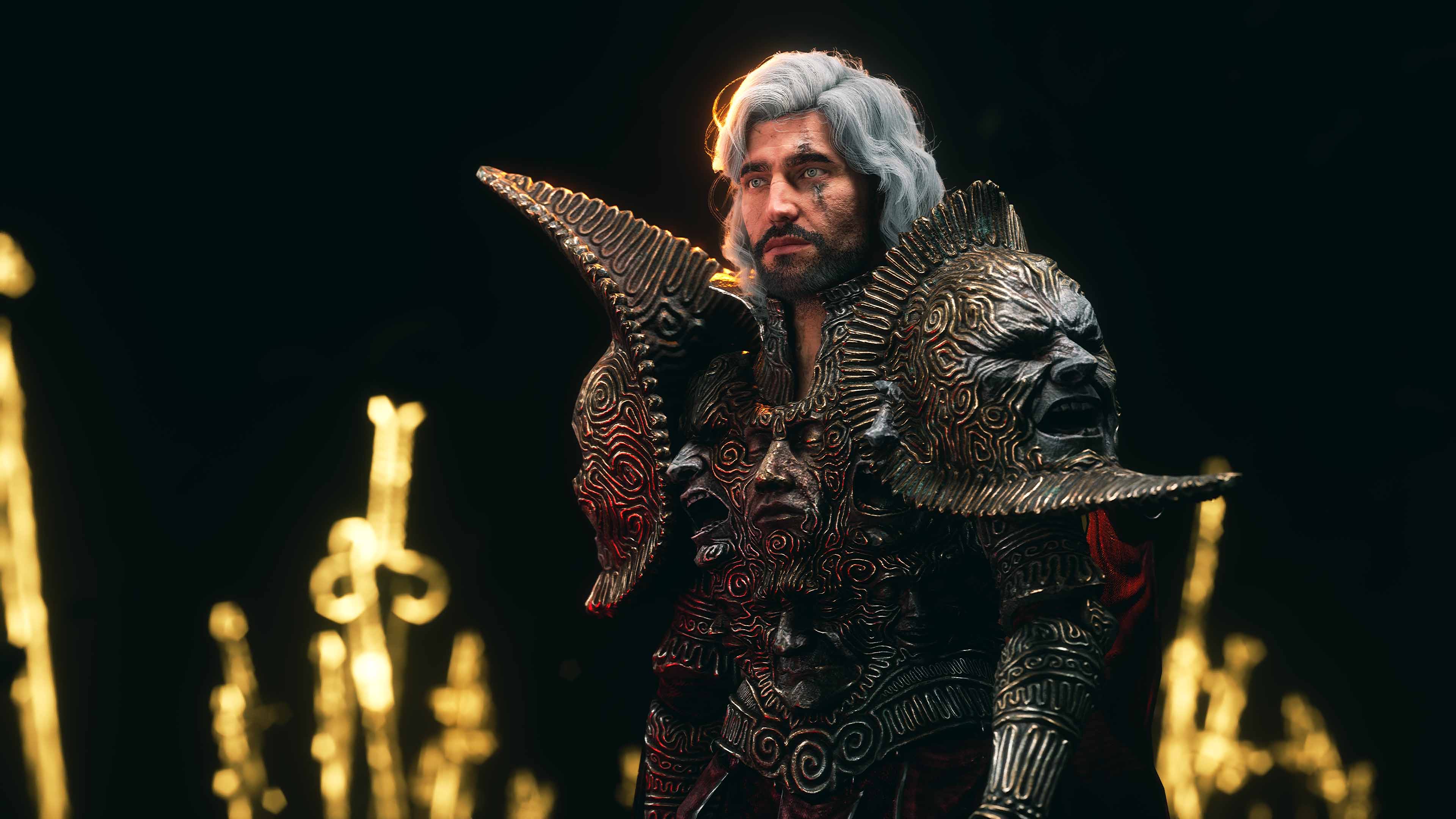 Gustave's armour catches a custom spotlight — the difference between a screenshot and a portrait is a single light source placed deliberately