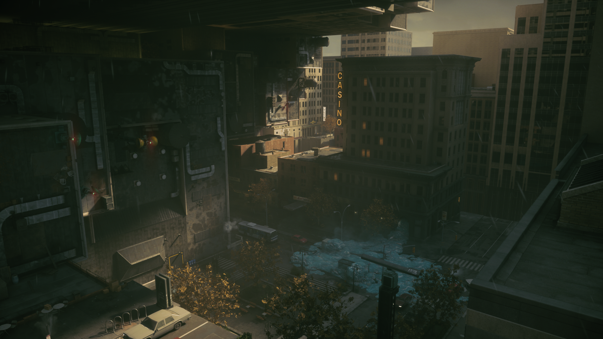 Altered Manhattan from above, with the casino sign holding the middle distance and the light dropping away toward the street.