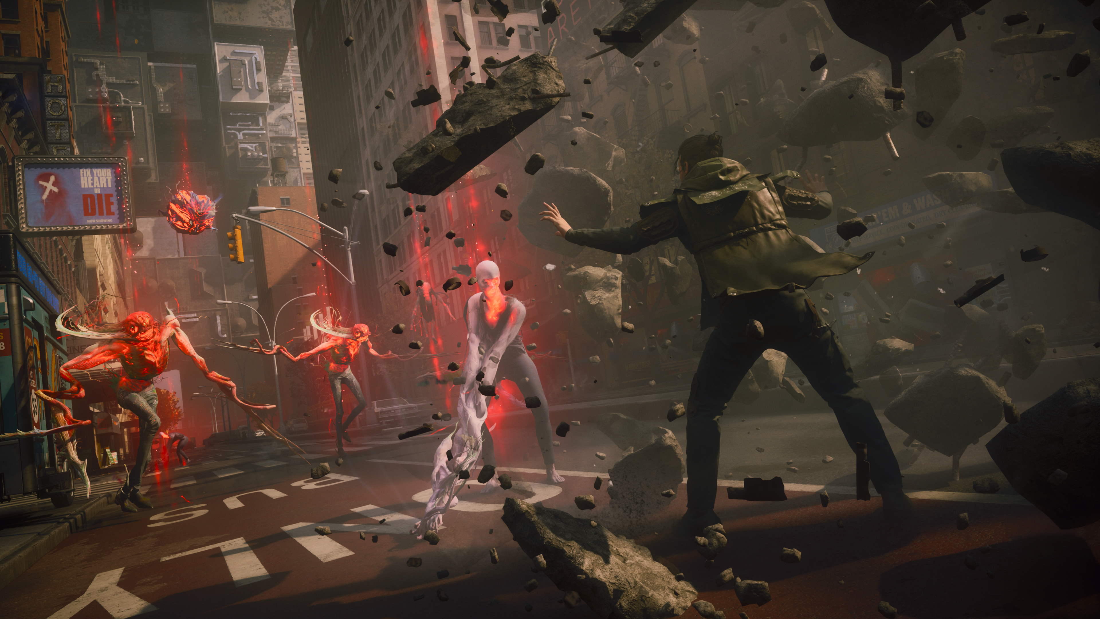Debris held mid-air over the intersection while the enemies close in. Freezing a moment like this is the whole argument for a photo mode.