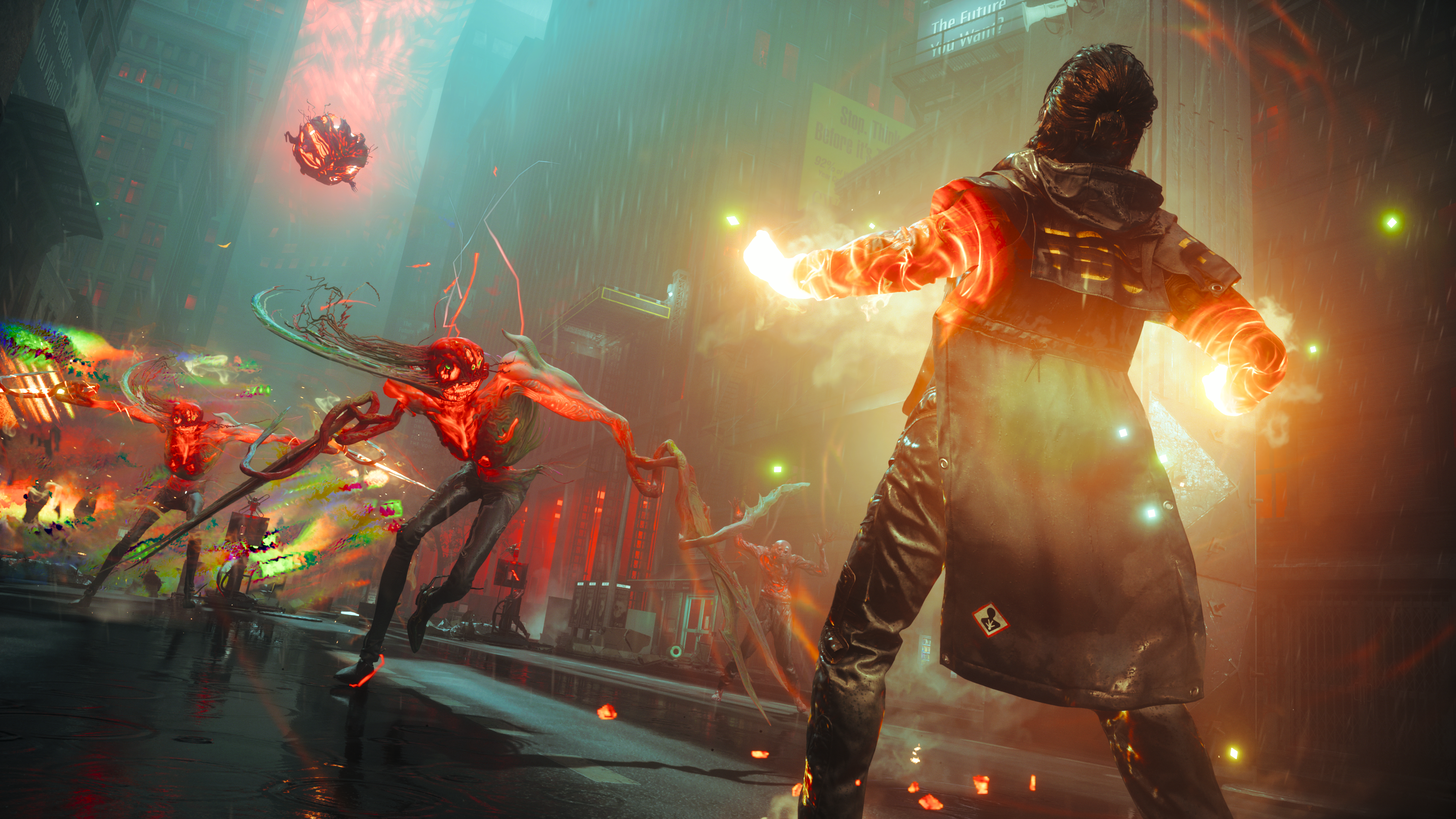 Rain, neon and glowing arms, shot from behind with the enemies lit from the front. Backlight and wet ground doing the work.