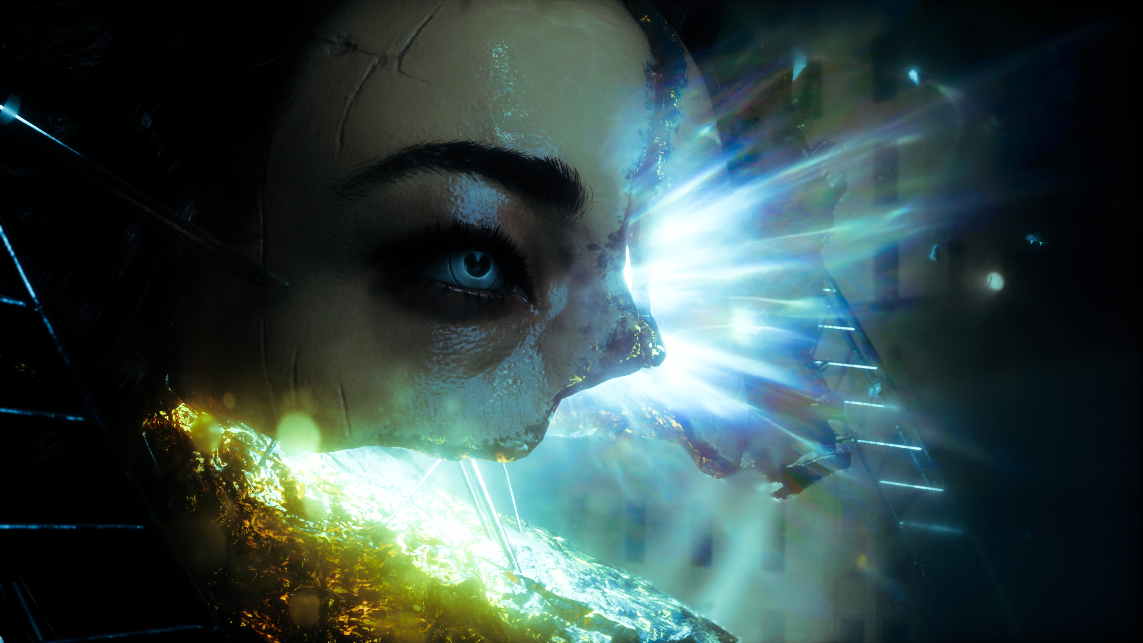 Light fracturing across a face in extreme close-up. Shallow focus and hard speculars, the kind of frame that needs real focus control to hold.