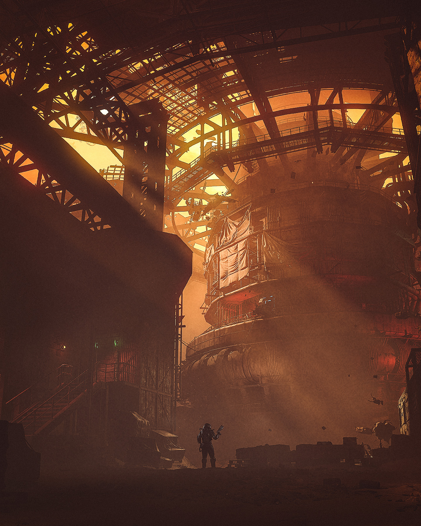 A blast furnace hall with light coming down through the gantries. The kind of space a longer lens would let you pick apart from a distance.