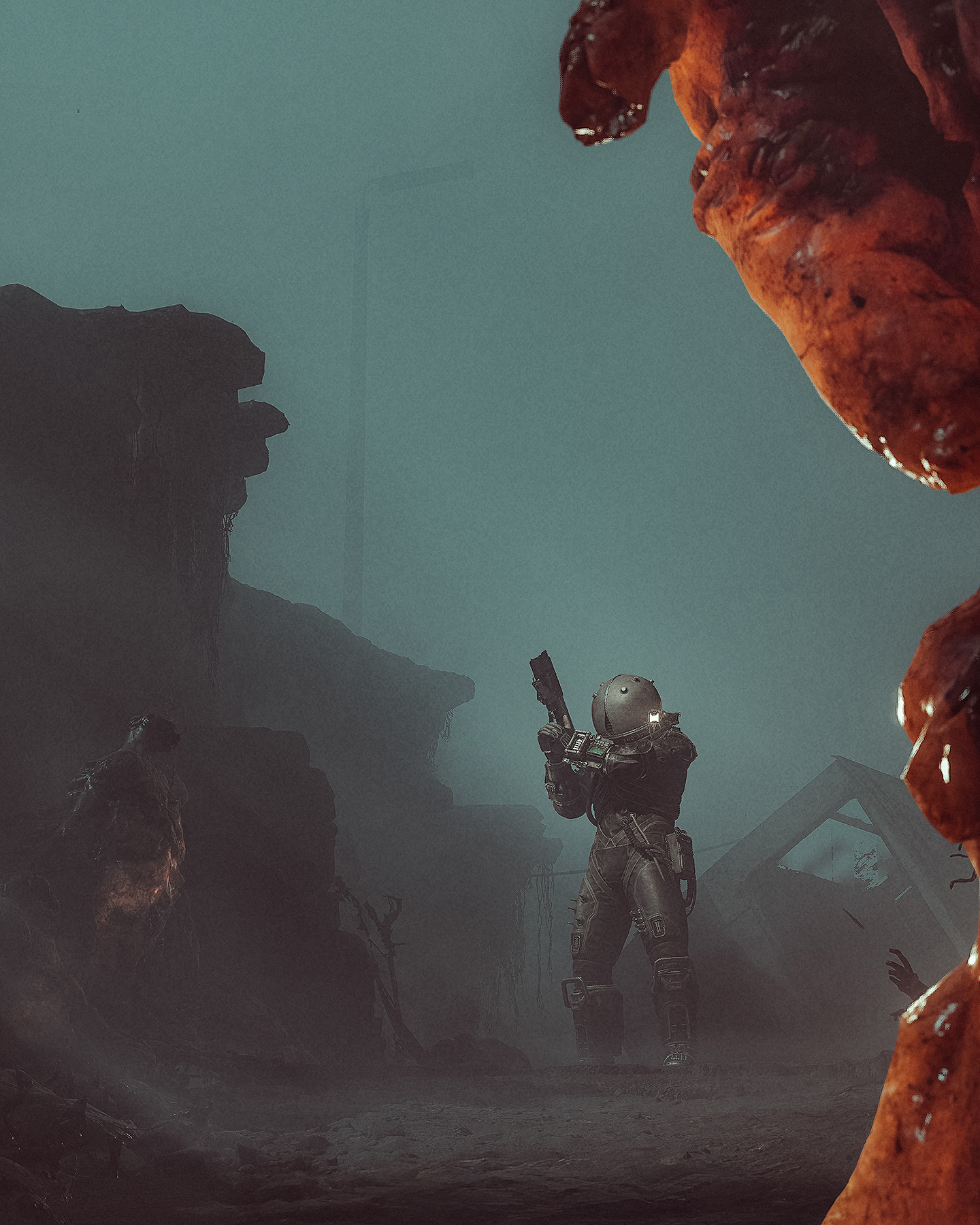 The Traveler in fog, framed by the growths that have taken over the street.