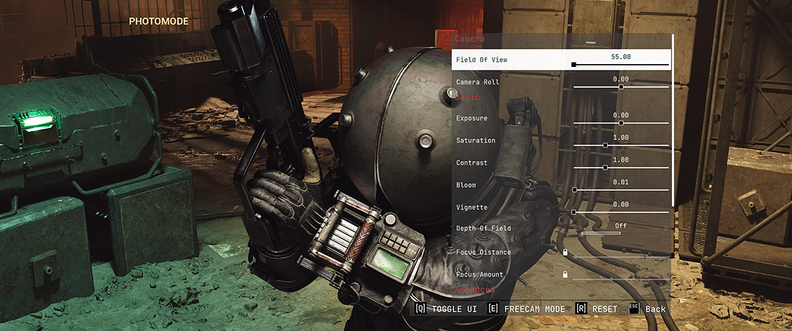 The whole photo mode in one scrolling list. Camera at the top, then Basic, then Advanced below the fold.