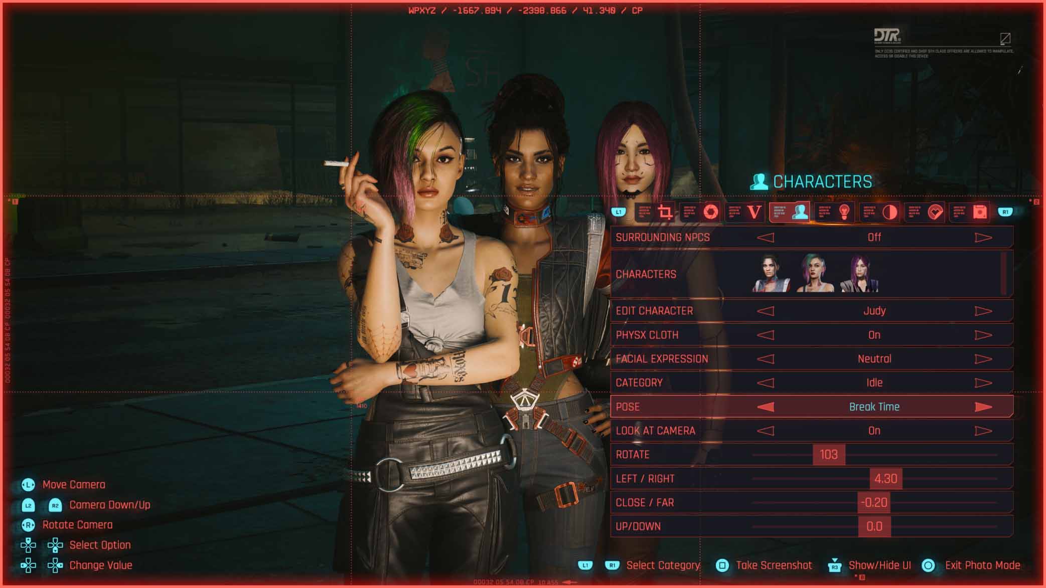 The Characters tab — spawn up to three NPCs with adjustable poses, expressions and positions