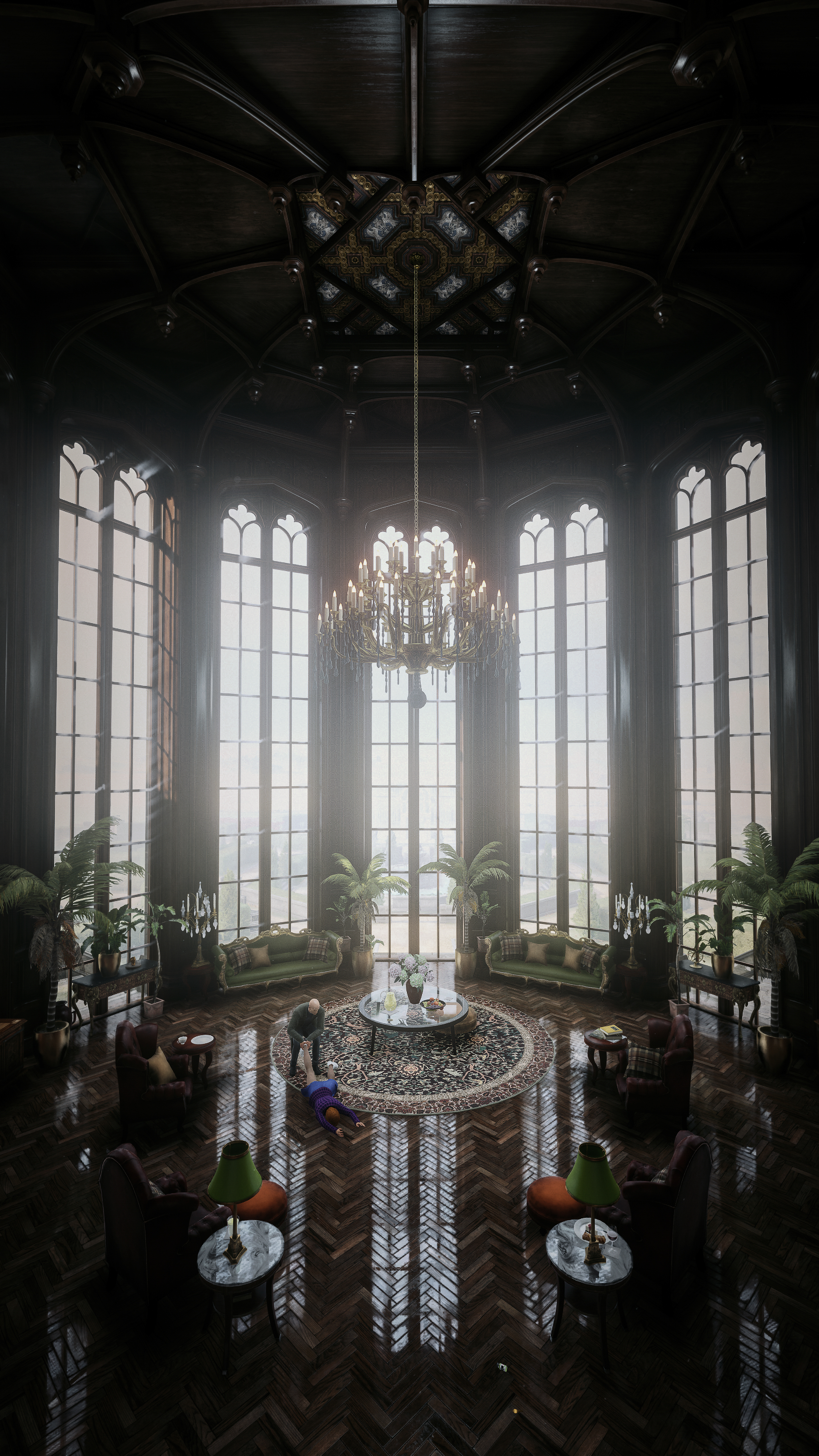 The Dartmoor library — chandelier, fireplace, volumetric light rays. The camera locked with F3 while 47 was positioned naturally. Shot by CoalaTV.