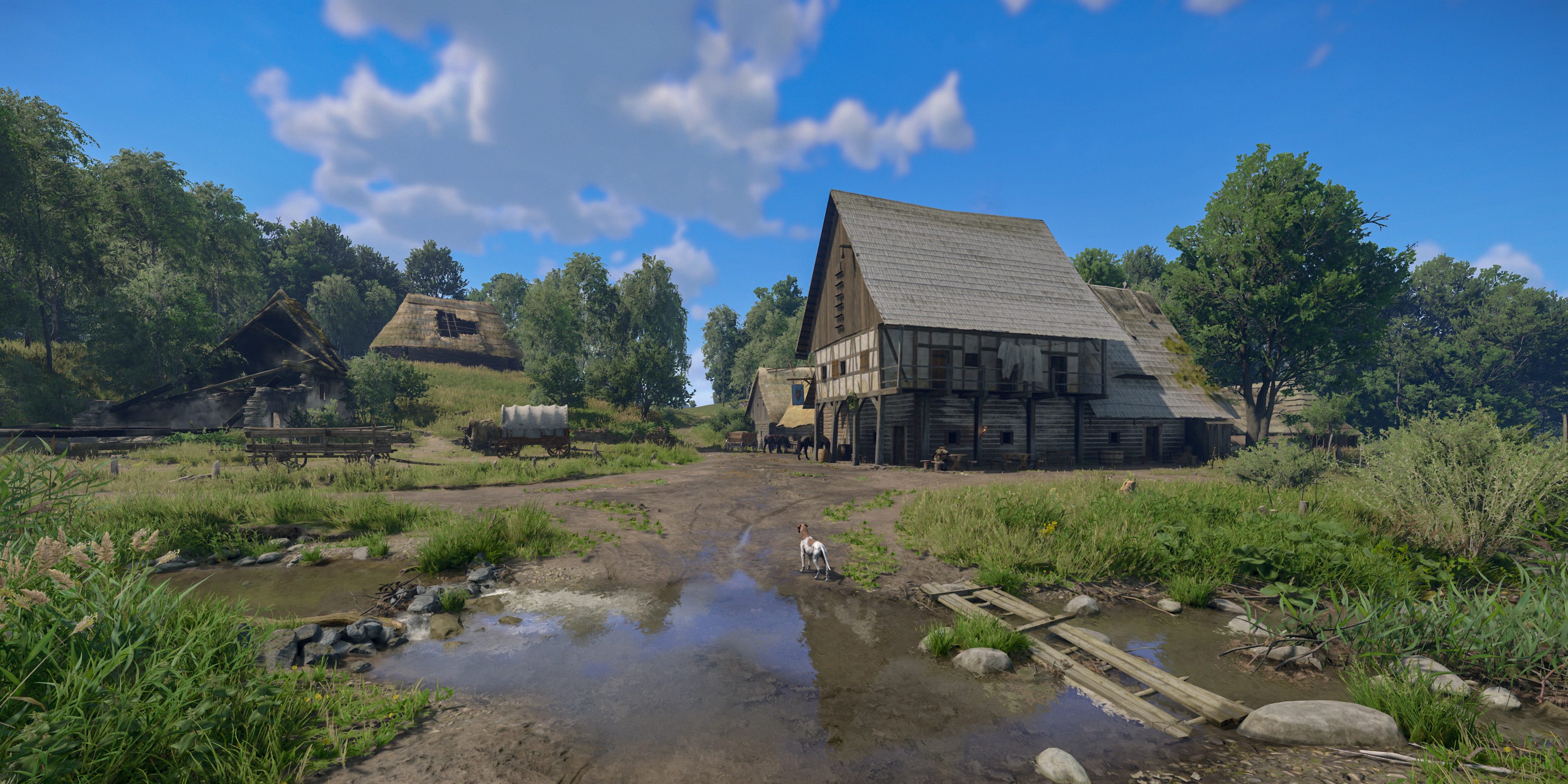 A muddy crossing in front of a timber-framed inn with Mutt out wandering.