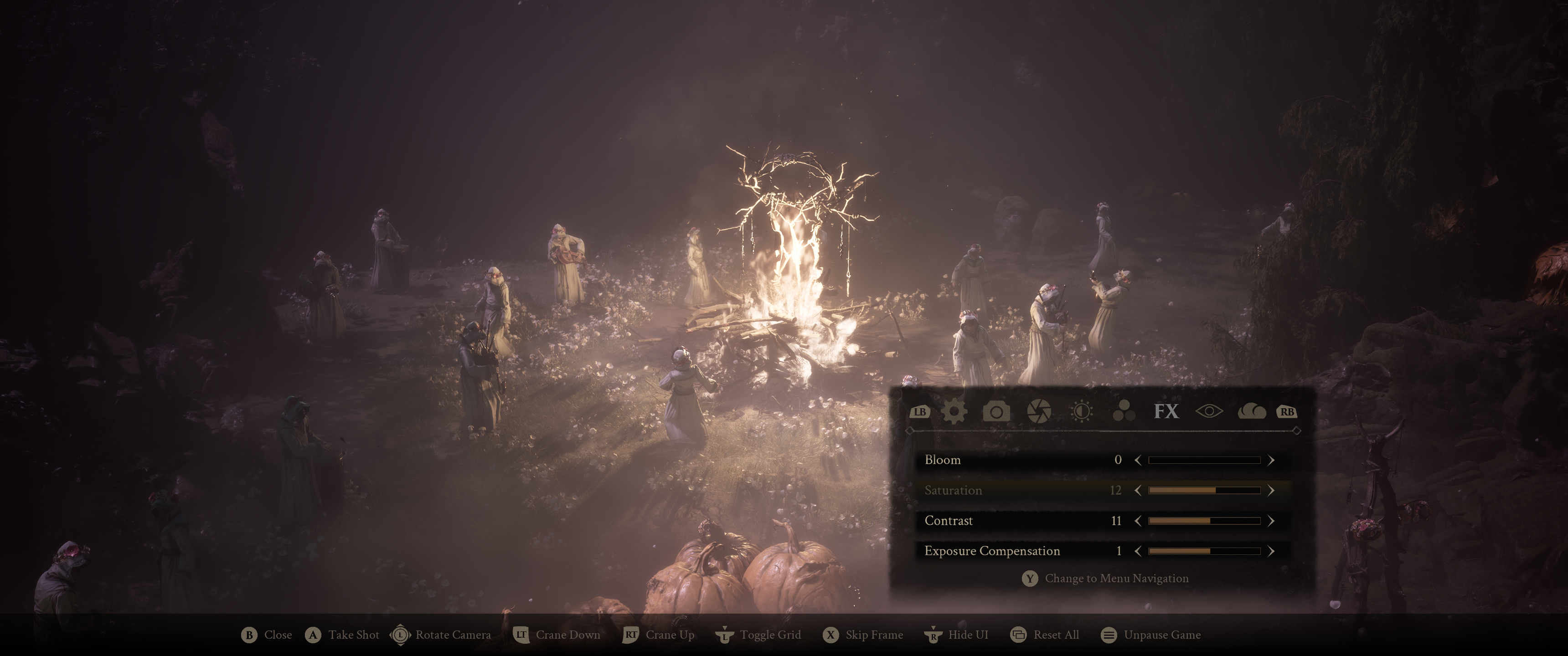 The FX tab. Bloom, Saturation, Contrast and Exposure Compensation, worked over a bonfire ritual.