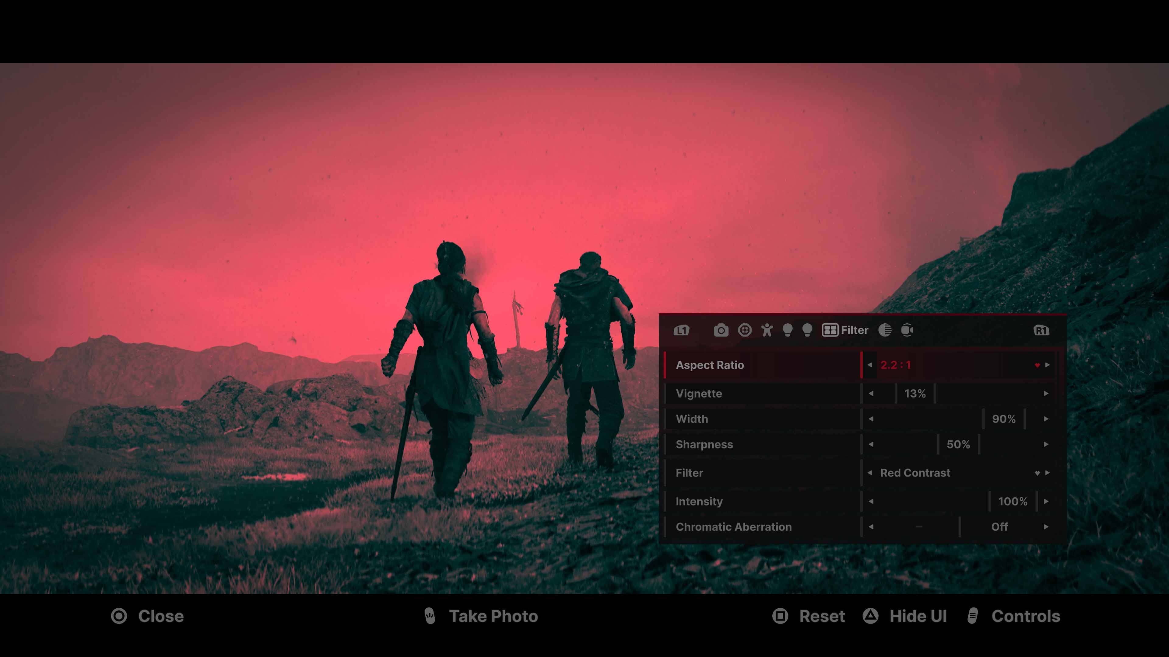 Post-processing controls — aspect ratio, vignette, sharpness, filters, and chromatic aberration