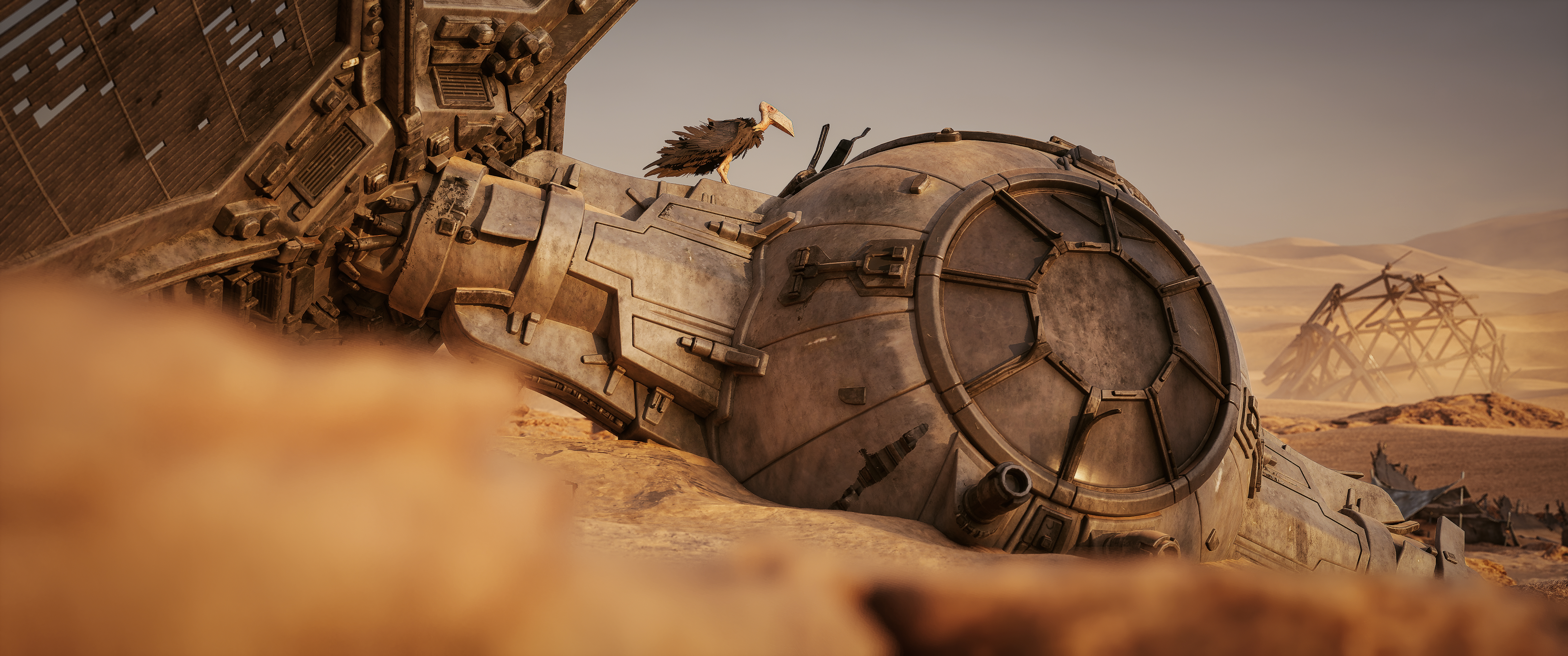 A wrecked hull half buried in the sand, with a scavenger bird watching from the top of it.