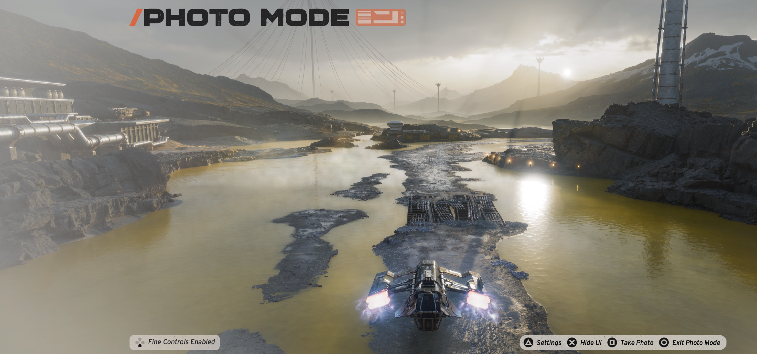 The photo mode screen. Fine Controls Enabled sits bottom left, with Settings, Hide UI, Take Photo and Exit along the bottom right.