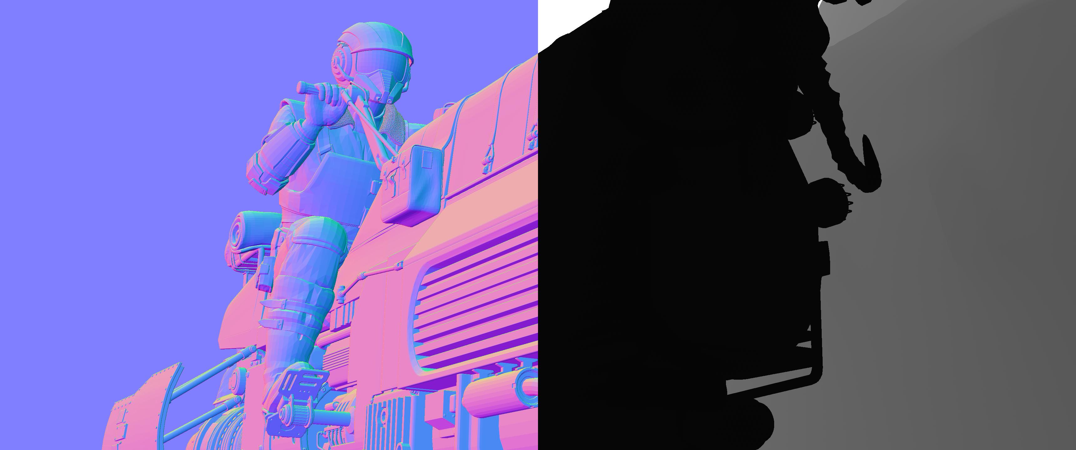 The depth buffer reading correctly, normals on the left and depth on the right.