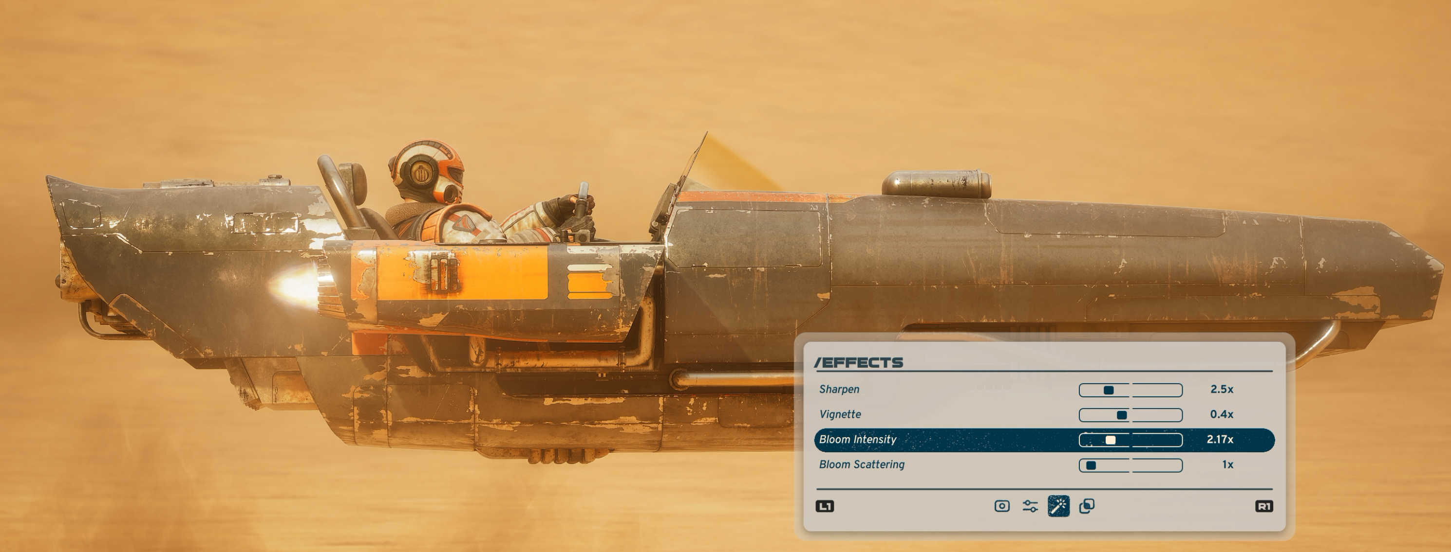 The Effects tab. Sharpen at 2.5x and Bloom Intensity at 2.17x.