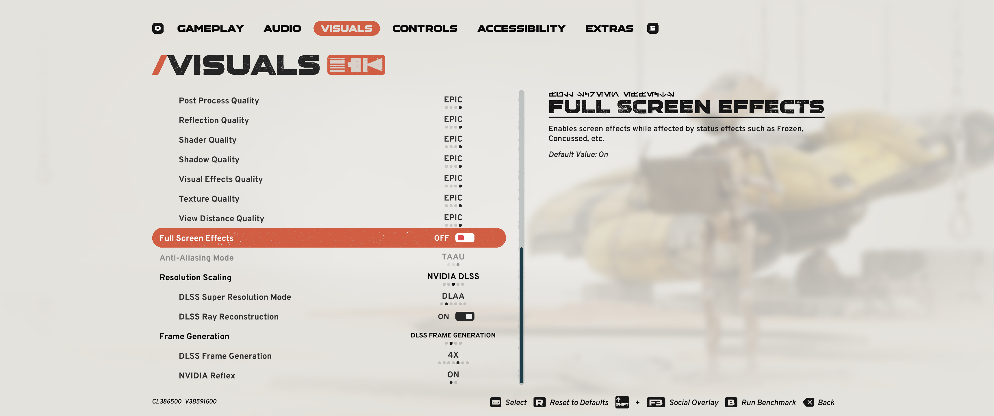 Full Screen Effects in the Visuals menu, switched off. The description names Frozen and Concussed as the status effects it draws.